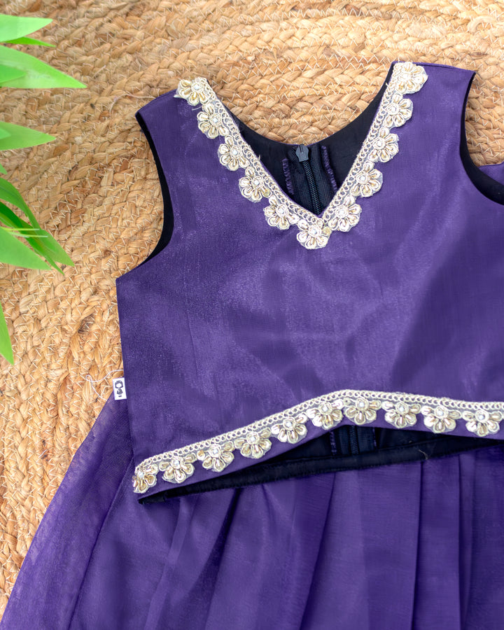 V-neck silver mirror lace blouse on pastel violet net ethnic lehenga – Stanwells Kids