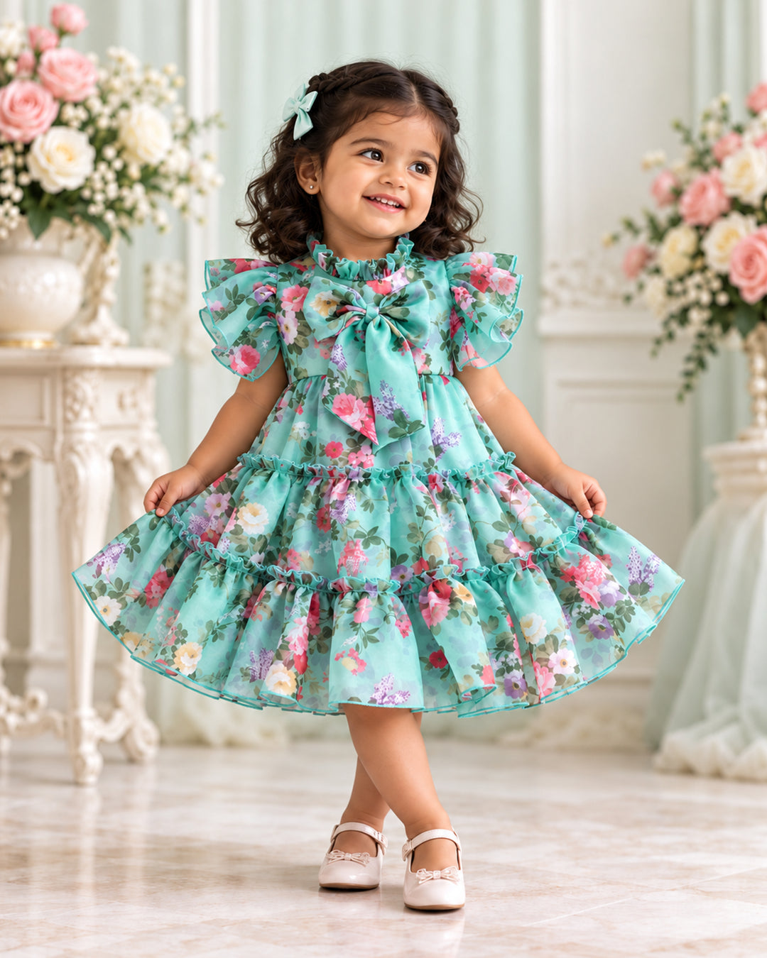 Pastel Blue Floral Printed Silky Chiffon Flared Frock – Front View – Stanwells Kids