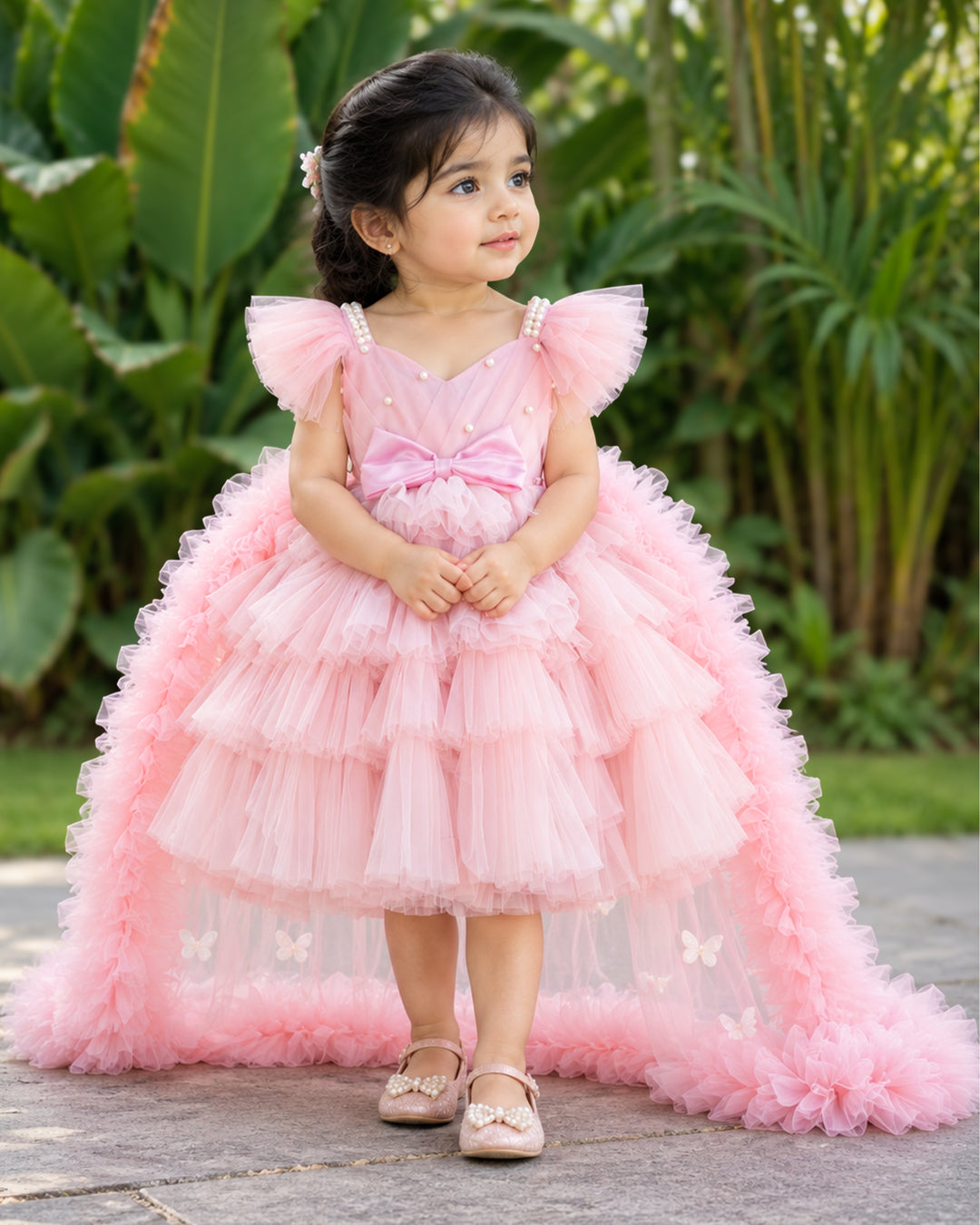Pastel Blush Pink Ruffle Tulle Princess Dress – Front View – Stanwells Kids