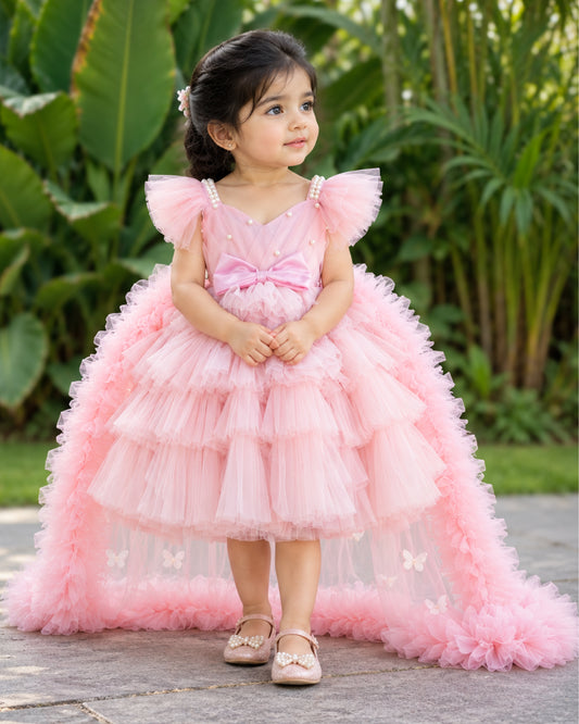 Pastel Blush Pink Ruffle Tulle Princess Dress – Front View – Stanwells Kids