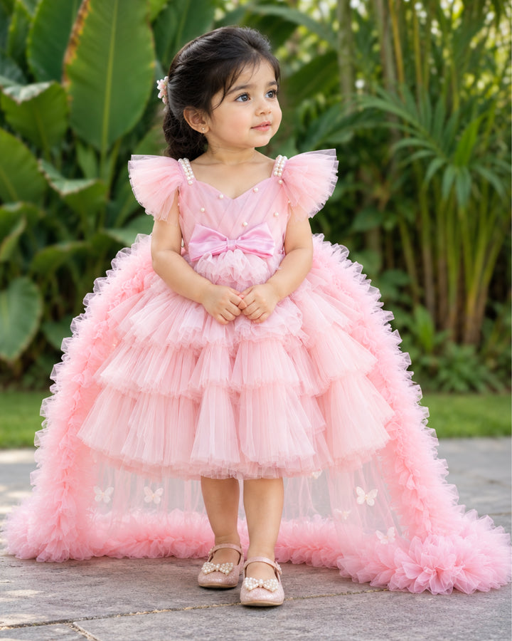Pastel Blush Pink Ruffle Tulle Princess Dress – Front View – Stanwells Kids
