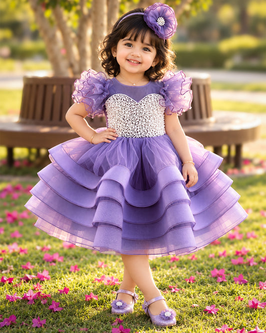 Pastel Lavender Heavy Handwork Step Frock for Baby Girls - Premium Partywear