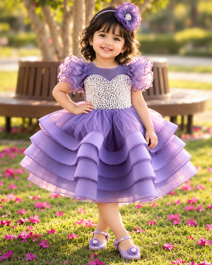 Pastel Lavender Heavy Handwork Step Frock for Baby Girls - Premium Partywear
