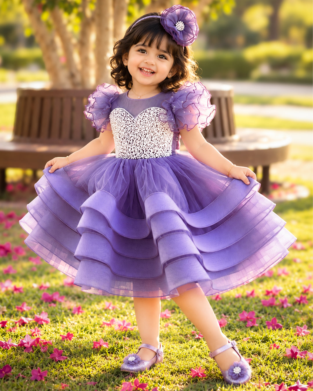 Pastel Lavender Heavy Handwork Step Frock for Baby Girls - Premium Partywear