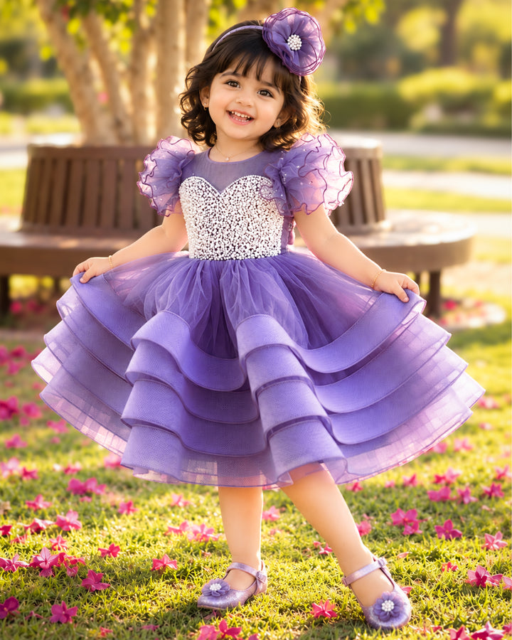 Pastel Lavender Heavy Handwork Step Frock for Baby Girls - Premium Partywear