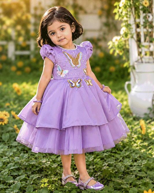 Pastel lavender silky satin heavy butterfly frock for baby girl – front view, Stanwells Kids