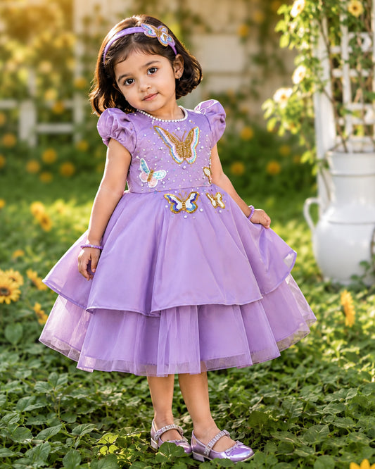 Pastel lavender silky satin heavy butterfly frock for baby girl – front view, Stanwells Kids