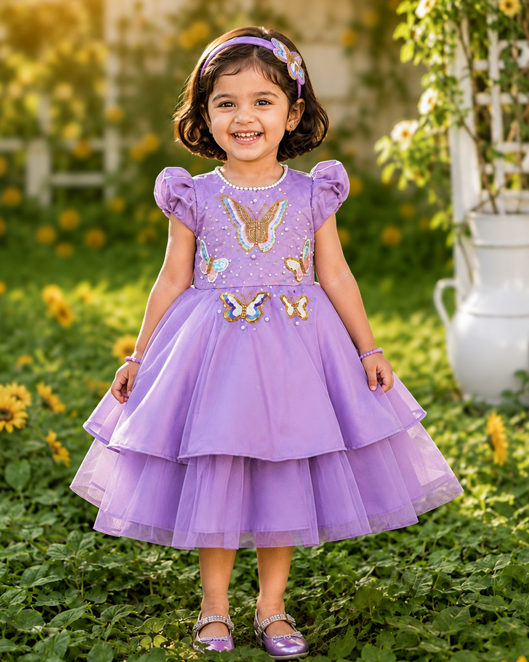 Pastel lavender silky satin heavy butterfly frock for baby girl – front view, Stanwells Kids