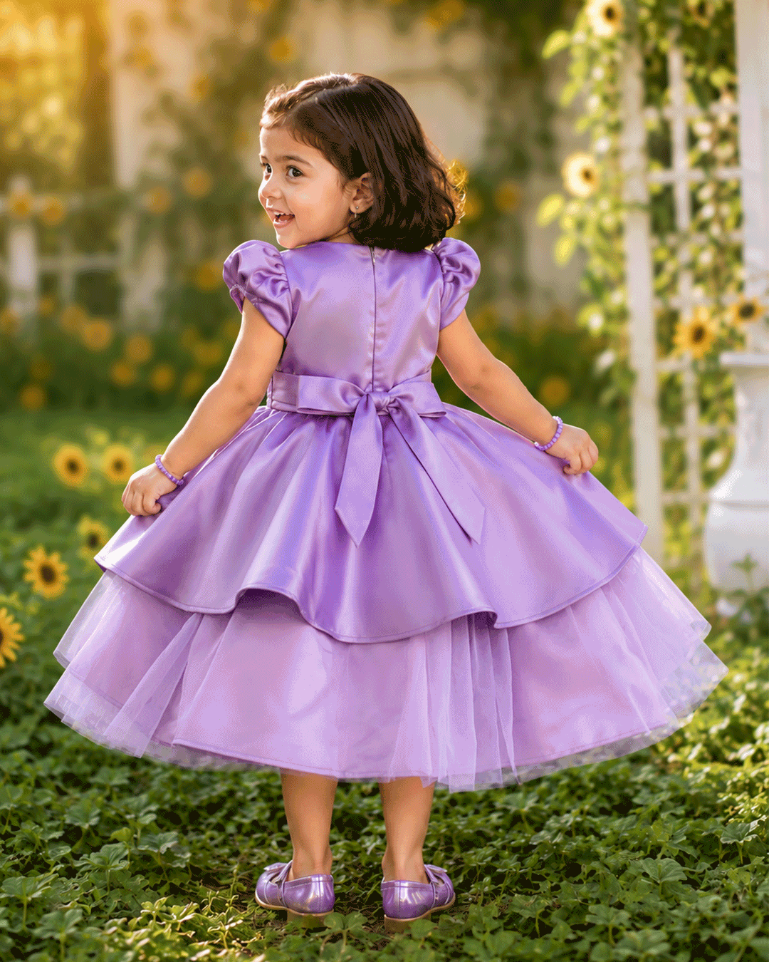 Pastel lavender silky satin heavy butterfly frock for baby girl – front view, Stanwells Kids
