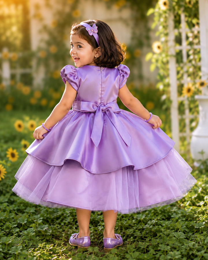 Back view of pastel lavender heavy butterfly satin partywear frock – Stanwells Kids
