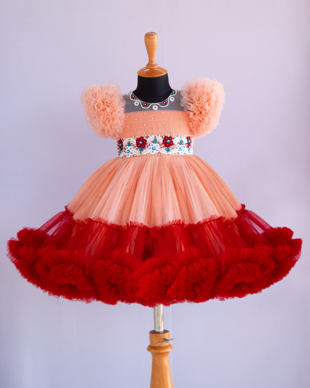 Pastel Peach Maroon Heavy Handwork Ruffles Birthday Frock for Baby Girl – Stanwells Kids