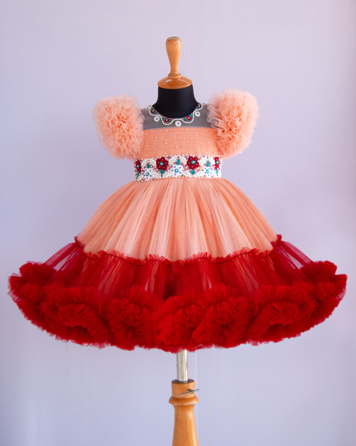 Pastel Peach Maroon Heavy Handwork Ruffles Birthday Frock for Baby Girl – Stanwells Kids