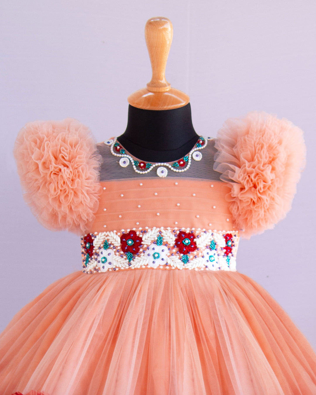 Pastel Peach Maroon Heavy Handwork Ruffles Birthday Frock for Baby Girl – Stanwells Kids