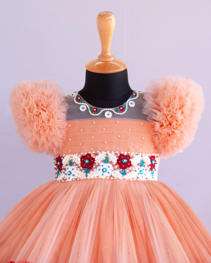 Pastel Peach Maroon Heavy Handwork Ruffles Birthday Frock for Baby Girl – Stanwells Kids