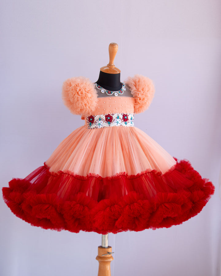 Pastel Peach Maroon Heavy Handwork Ruffles Birthday Frock for Baby Girl – Stanwells Kids