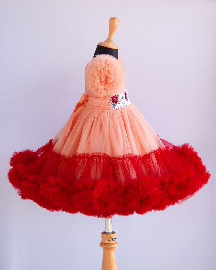 Pastel Peach Maroon Heavy Handwork Ruffles Birthday Frock for Baby Girl – Stanwells Kids