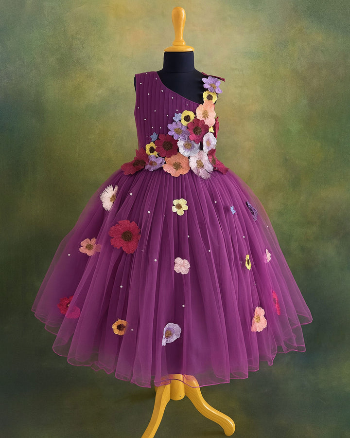 Pastel wine baby girls birthday dress with heavy flower appliqué – long gown