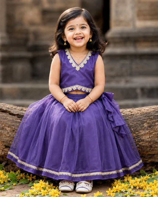Pastel violet sleeveless silky net ethnic lehenga for baby girl – front view, Stanwells Kids