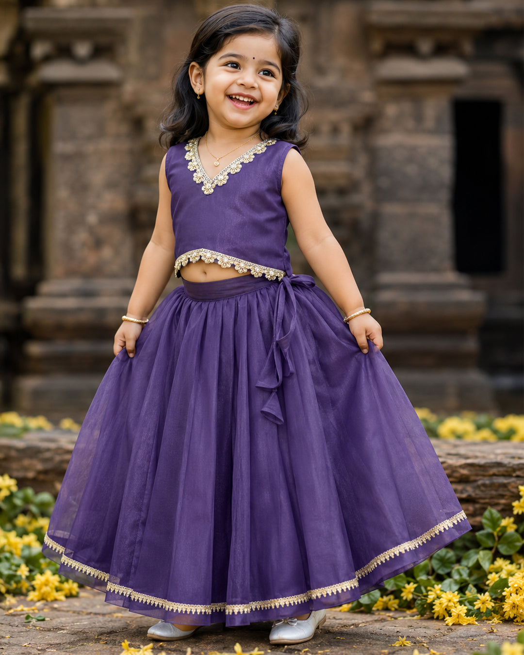 Pastel violet sleeveless silky net ethnic lehenga for baby girl – front view, Stanwells Kids
