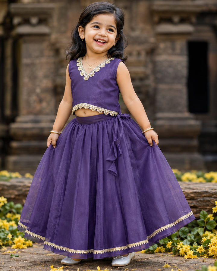 Pastel violet sleeveless silky net ethnic lehenga for baby girl – front view, Stanwells Kids