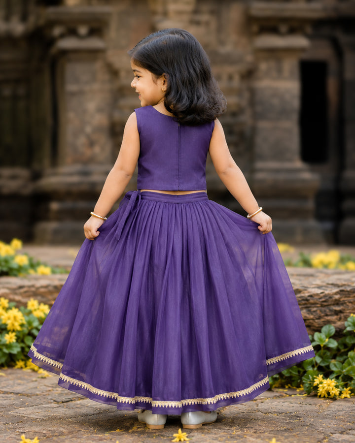 Pastel violet sleeveless silky net ethnic lehenga full look – Stanwells Kids