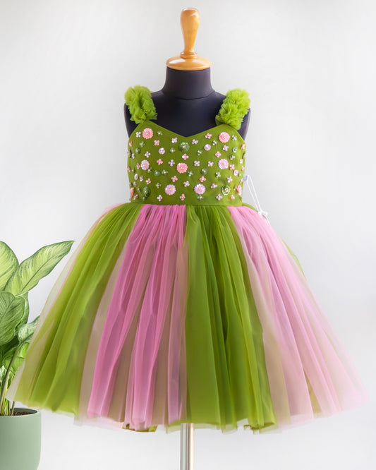 Pea green and peach dual shade handwork sequins partywear frock for baby girl – front view, Stanwells Kids