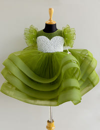 Pea Green Heavy Handwork Premium Step Birthday Frock for Baby Girl – Stanwells Kids