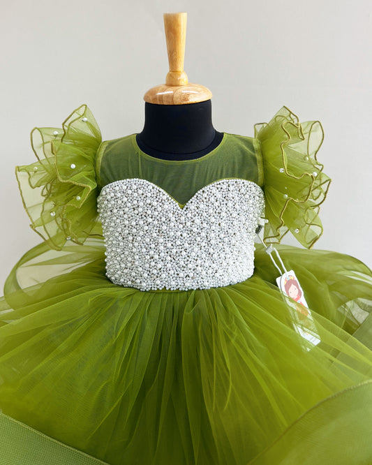 Pea green heavy handwork partywear frock for baby girls, premium birthday dress"