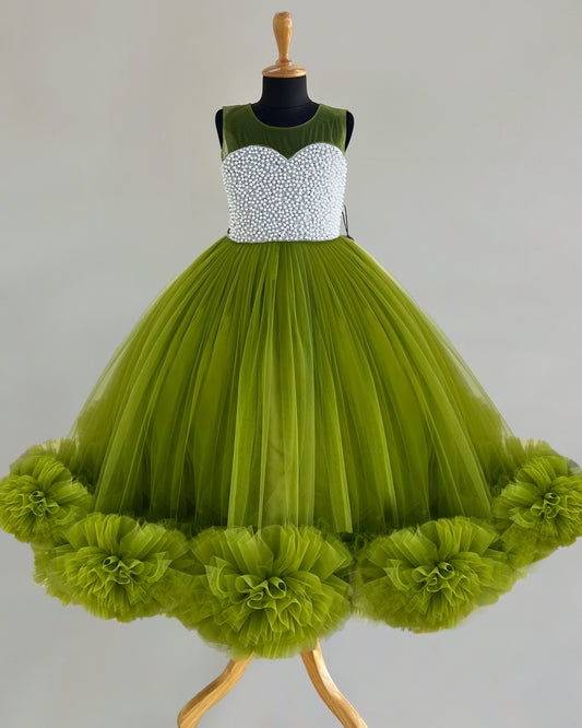 Pea Green Baby Girls Birthday Gown - Pearl Handwork Premium Partywear by Stanwells Kids