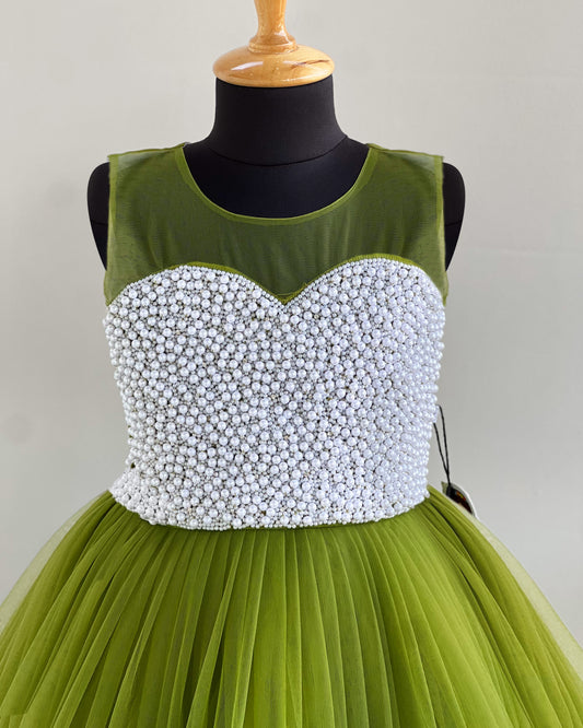 Pea Green Baby Girls Birthday Gown - Pearl Handwork Premium Partywear by Stanwells Kids