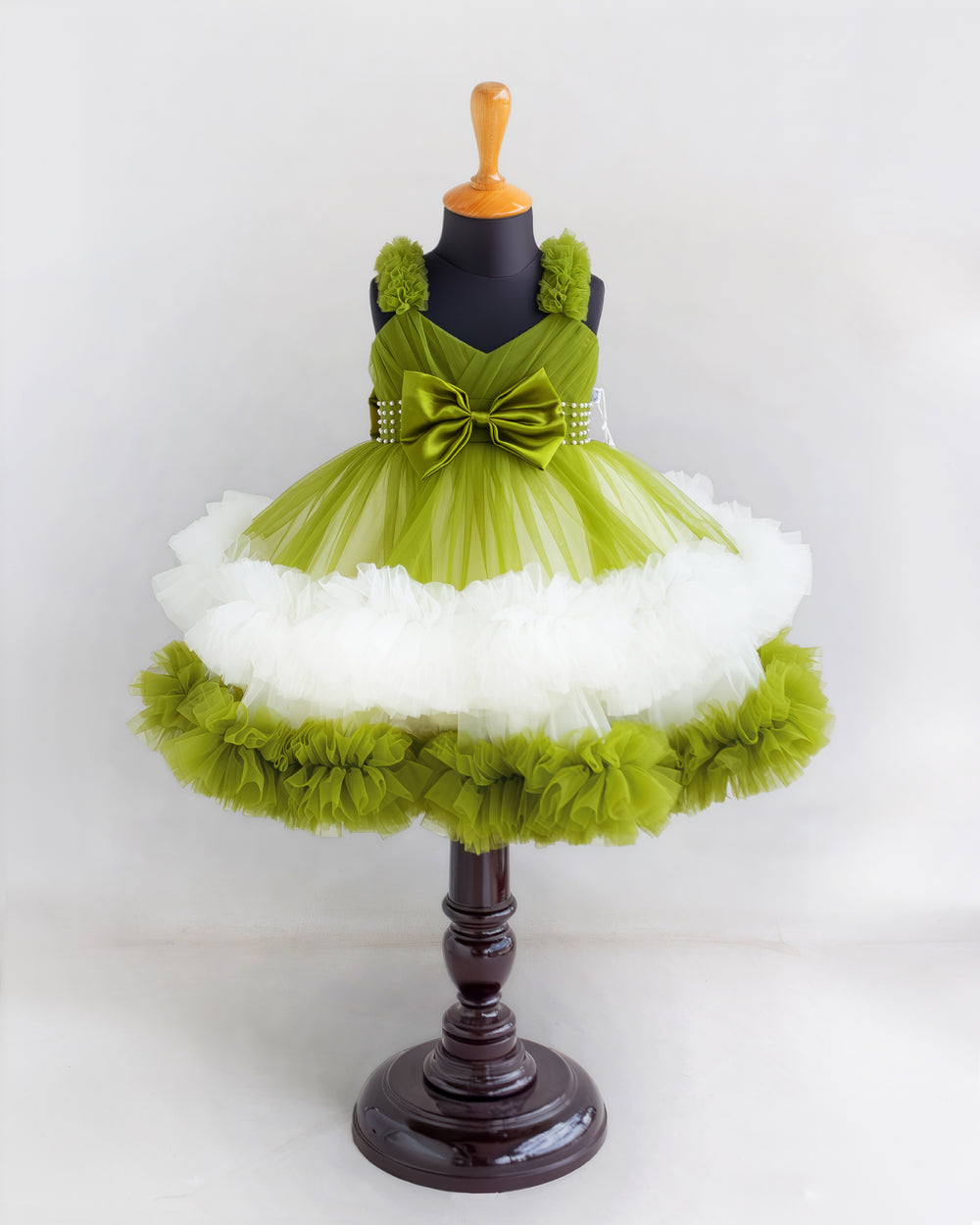 Pea green & off white ruffle party frock for girls – front view, Stanwells Kids