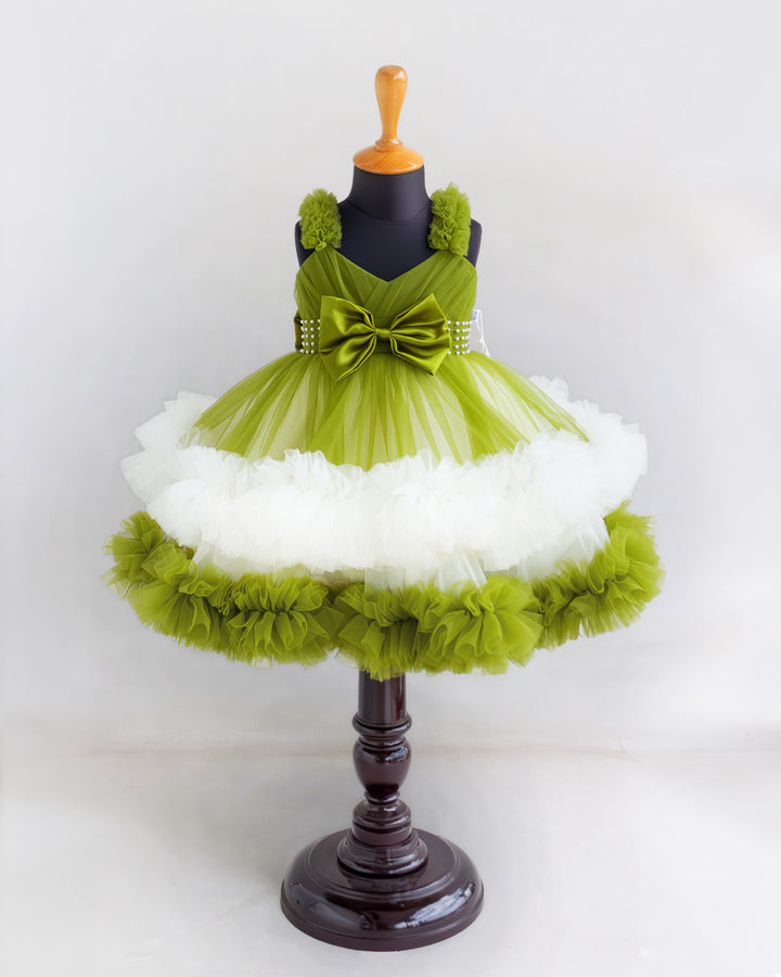 Pea green &amp; off white ruffle party frock for girls – front view, Stanwells Kids