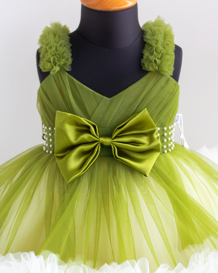 Pleated yoke detail on pea green off white combo ruffle frock – Stanwells Kids
