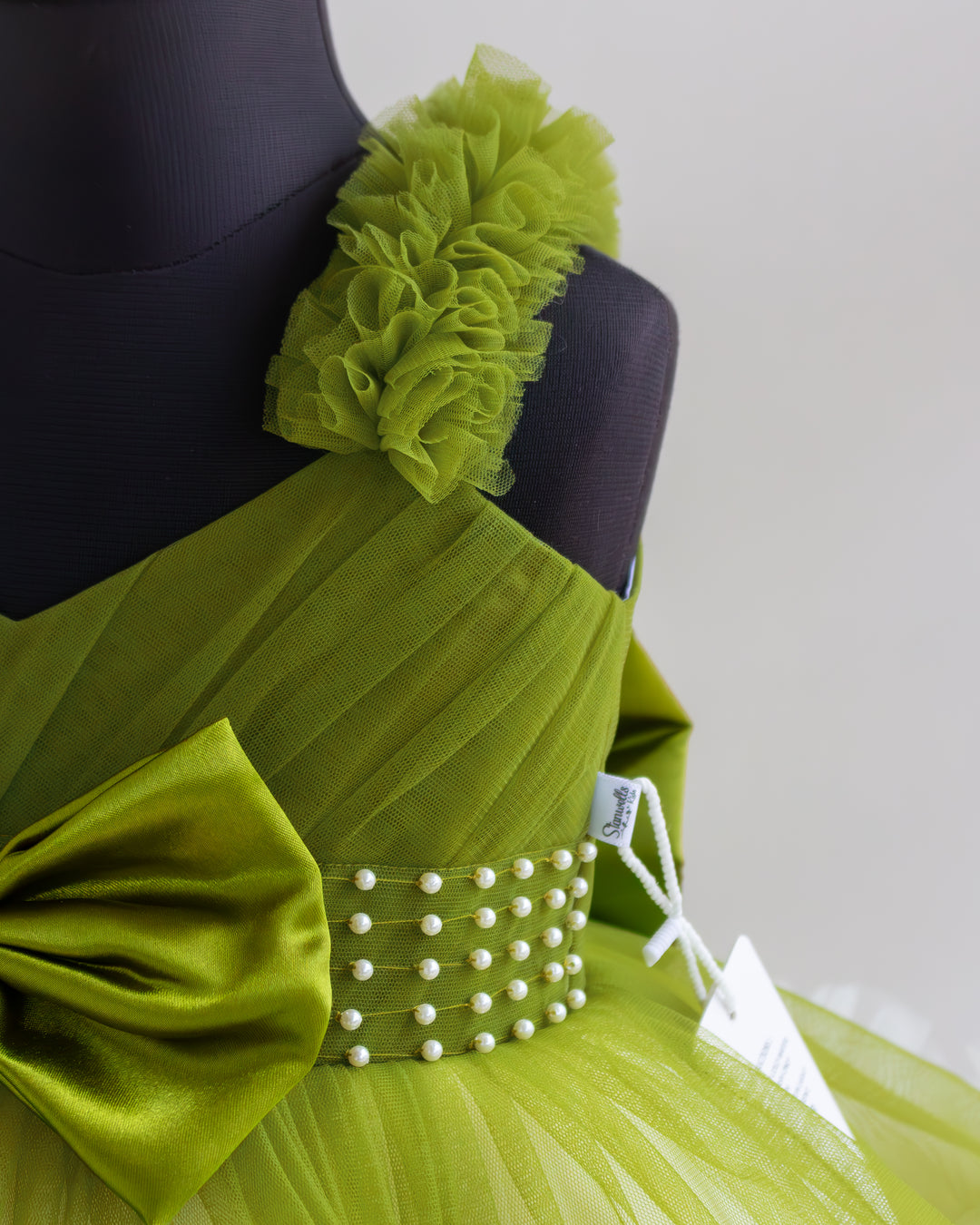 Heavy ruffle skirt pea green and off white party frock for baby girl – Stanwells Kids
