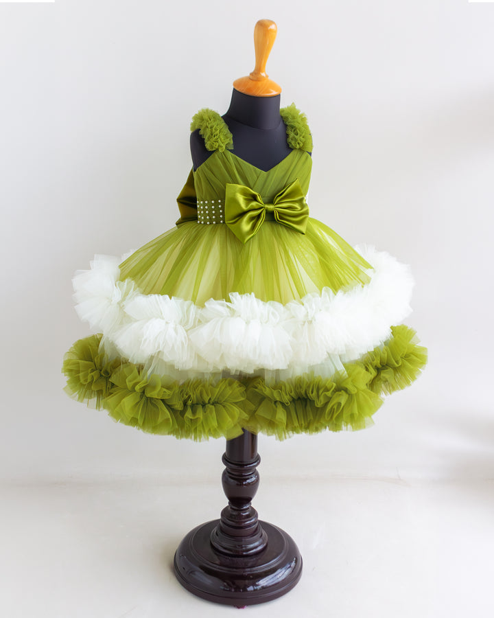 White bead belt and pea green bow detail on ruffle party frock – Stanwells Kids