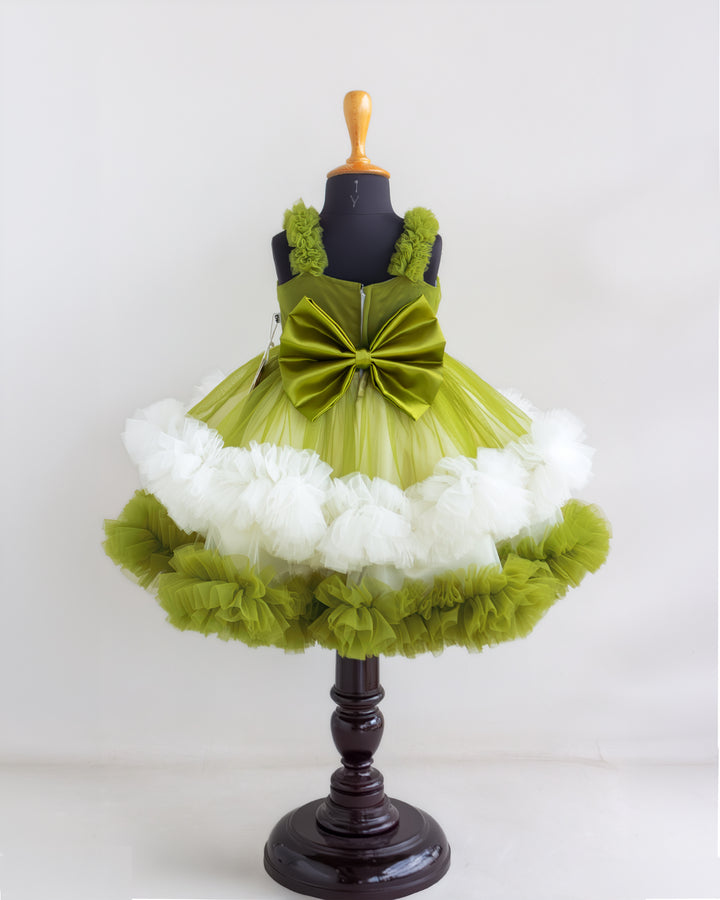 Full look – pea green off white ruffle birthday dress for baby girl, Stanwells Kids