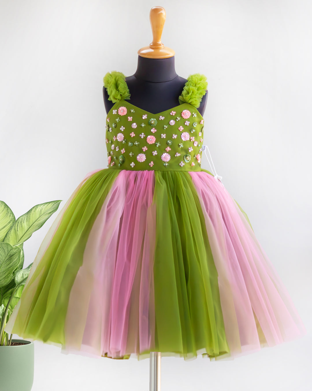 Pea green and peach dual shade handwork sequins partywear frock for baby girl – front view, Stanwells Kids