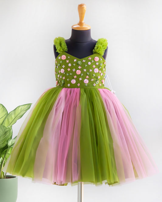 Pea green and peach dual shade handwork sequins partywear frock for baby girl – front view, Stanwells Kids