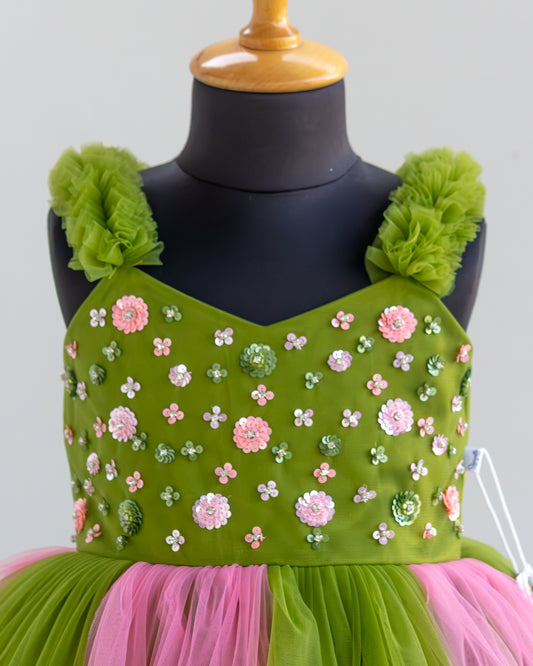 Heavy sequins yoke and handwork detailing on pea green peach birthday frock – Stanwells Kids