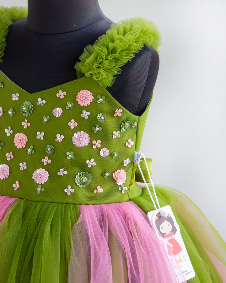 Pea green peach dual shade mono nylon net skirt on sequins partywear frock – Stanwells Kids