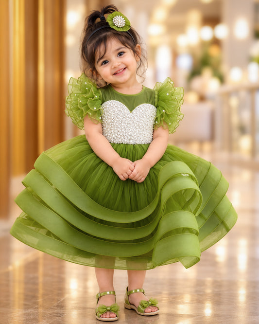 Pea green heavy handwork partywear frock for baby girls, premium birthday dress"
