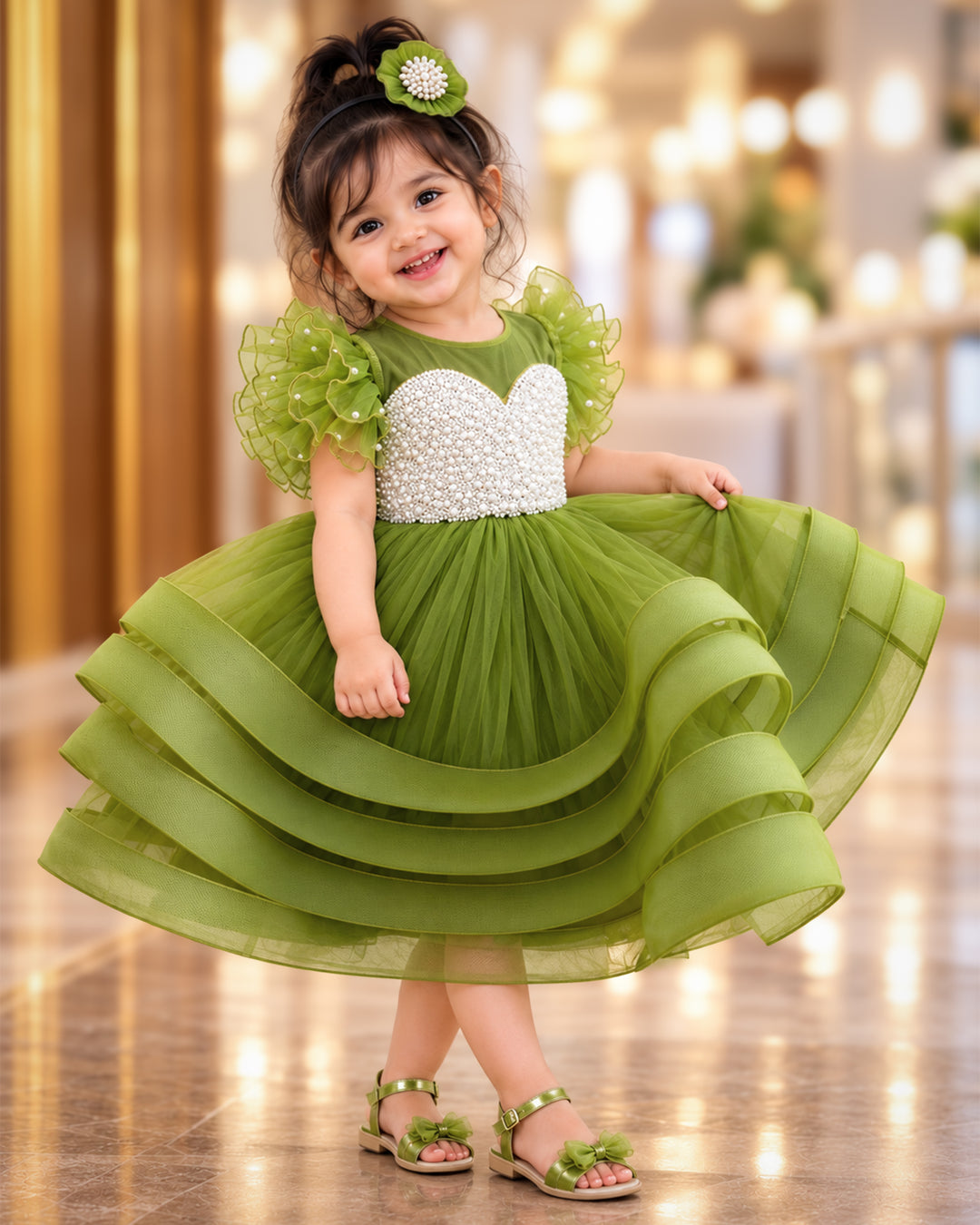 Pea green heavy handwork partywear frock for baby girls, premium birthday dress"