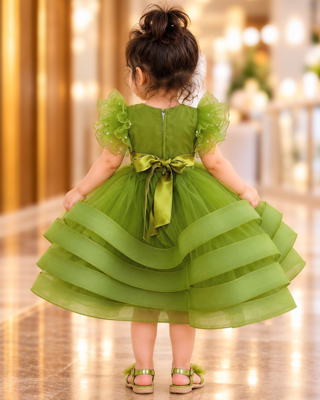 Pea green heavy handwork partywear frock for baby girls, premium birthday dress"