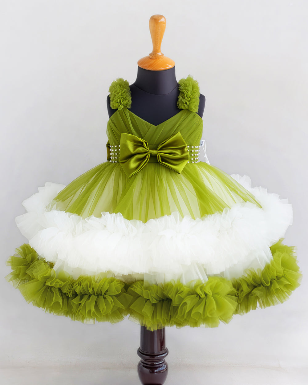 Pea green & off white ruffle party frock for girls – front view, Stanwells Kids