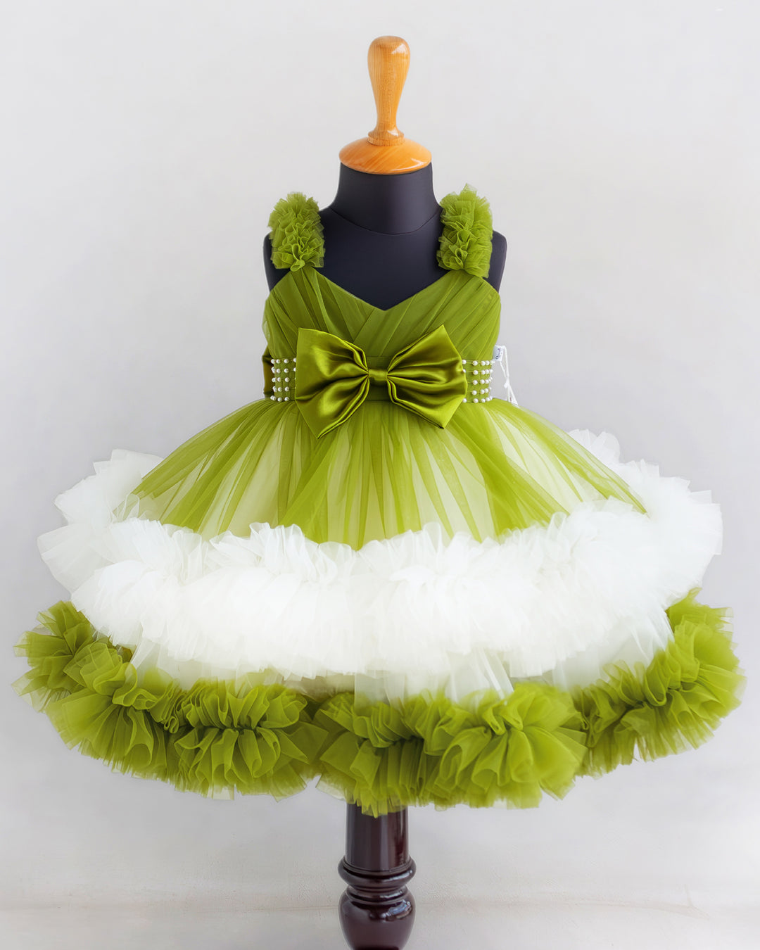 Pea green &amp; off white ruffle party frock for girls – front view, Stanwells Kids