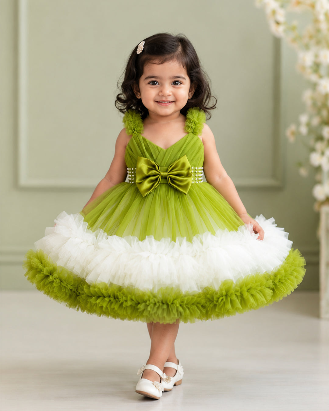 Pea green & off white ruffle party frock for girls – front view, Stanwells Kids