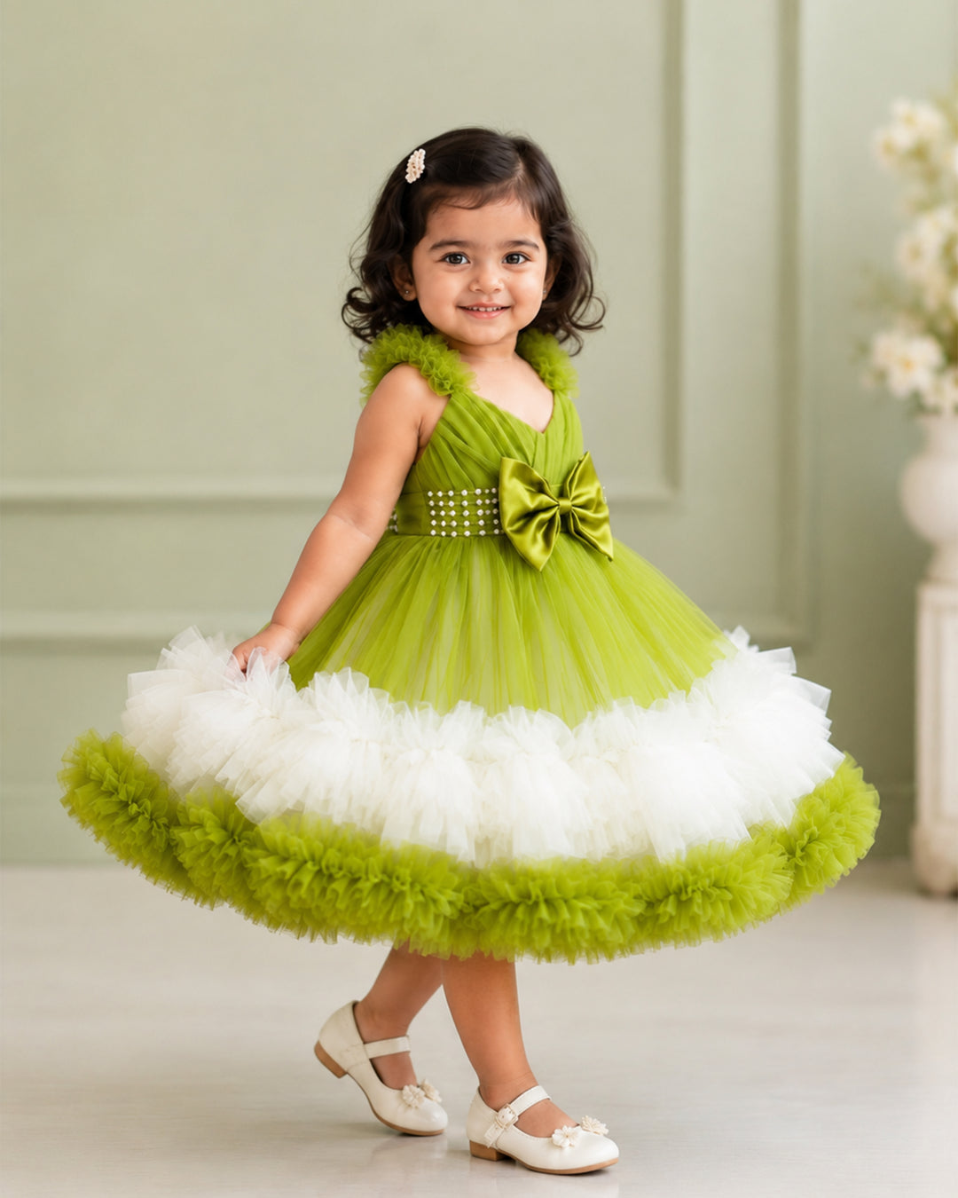 Pea green &amp; off white ruffle party frock for girls – front view, Stanwells Kids