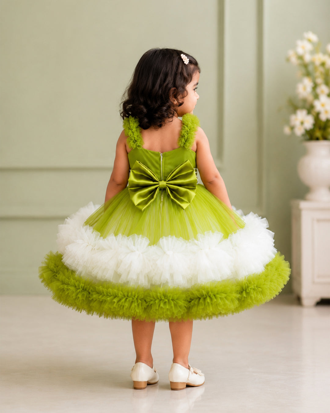 Pea green &amp; off white ruffle party frock for girls – front view, Stanwells Kids