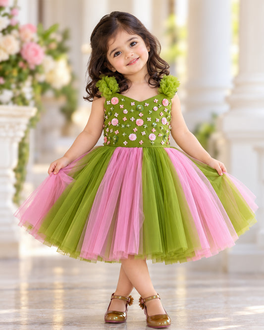 Pea green and peach dual shade handwork sequins partywear frock for baby girl – front view, Stanwells Kids