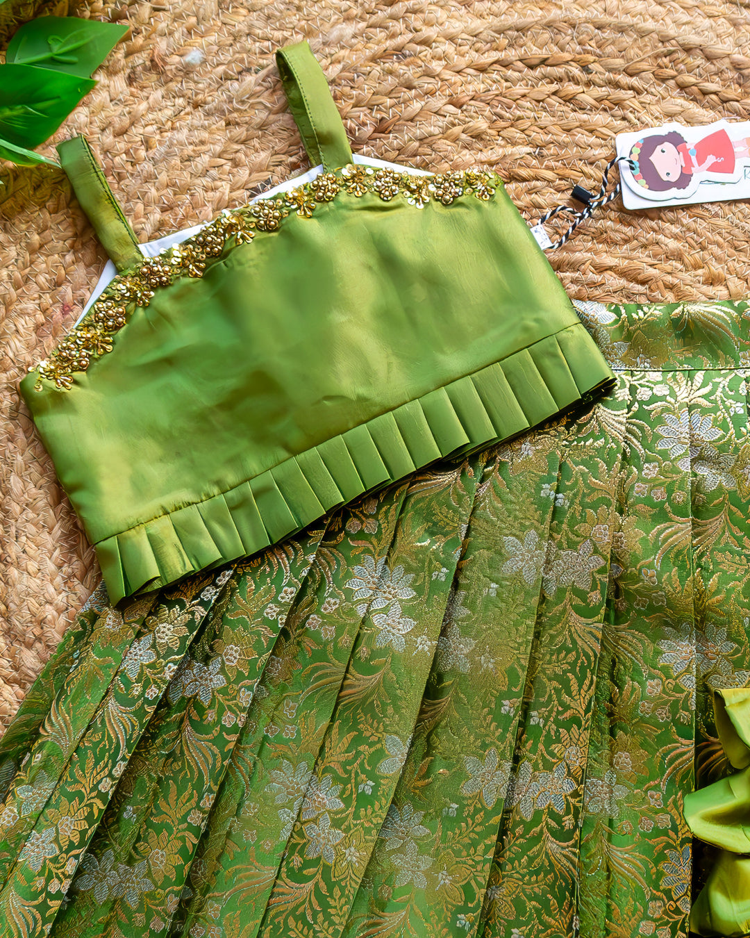 Pea green Banarasi silk lehenga choli for baby girls birthday dress traditional festive ethnic wear